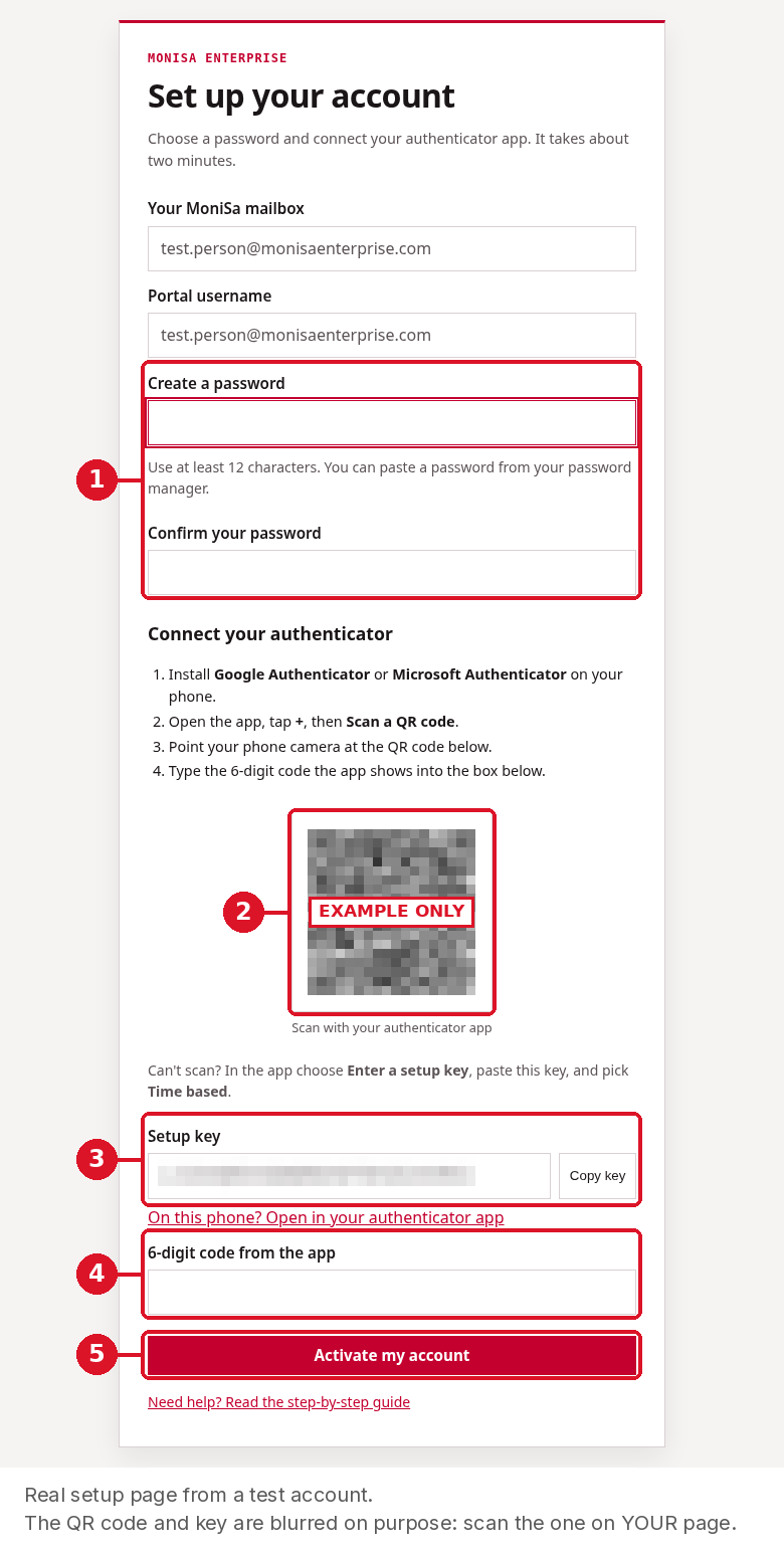 Screenshot of the account setup page with numbered boxes