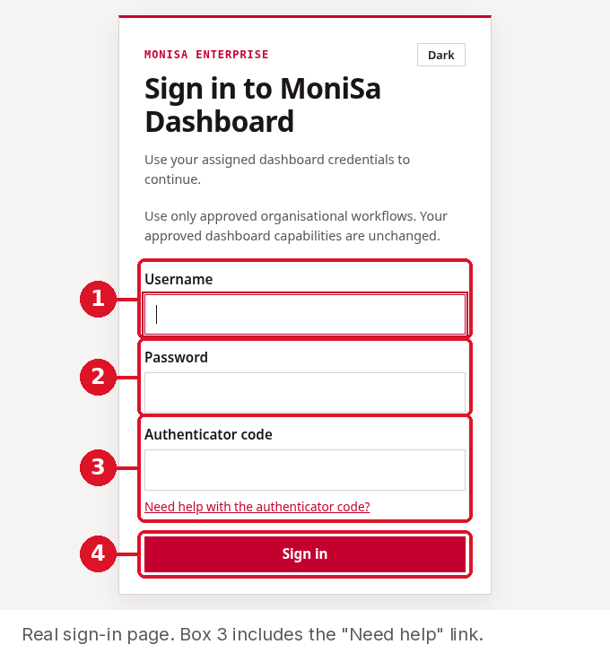 Screenshot of the sign-in page with numbered boxes